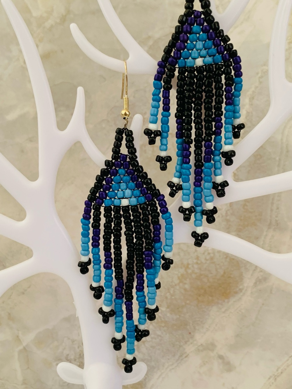 Artisan Blue & Black Seed Bead Fringe Earrings Peruvian